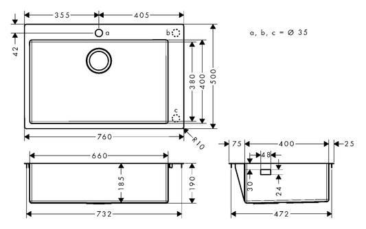Hansgrohe S71 S711-F660 Built-in Stainless Steel Kitchen Sink 660 43302809 dimensions