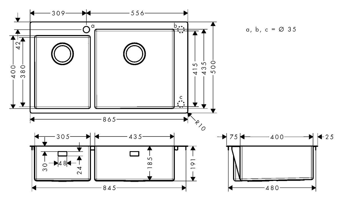 Hansgrohe S71 S711-F760 Built-in Stainless Steel Kitchen Sink 305/435 43304809 dimensions