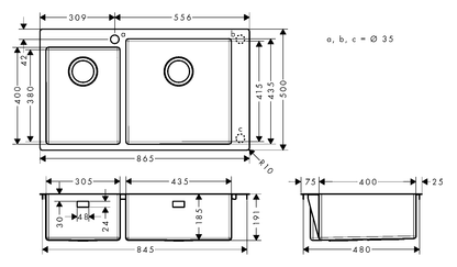 Hansgrohe S71 S711-F760 Built-in Stainless Steel Kitchen Sink 305/435 43304809 dimensions