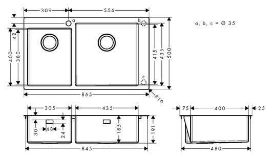 Hansgrohe S71 S711-F760 Built-in Stainless Steel Kitchen Sink 305/435 43304809 dimensions