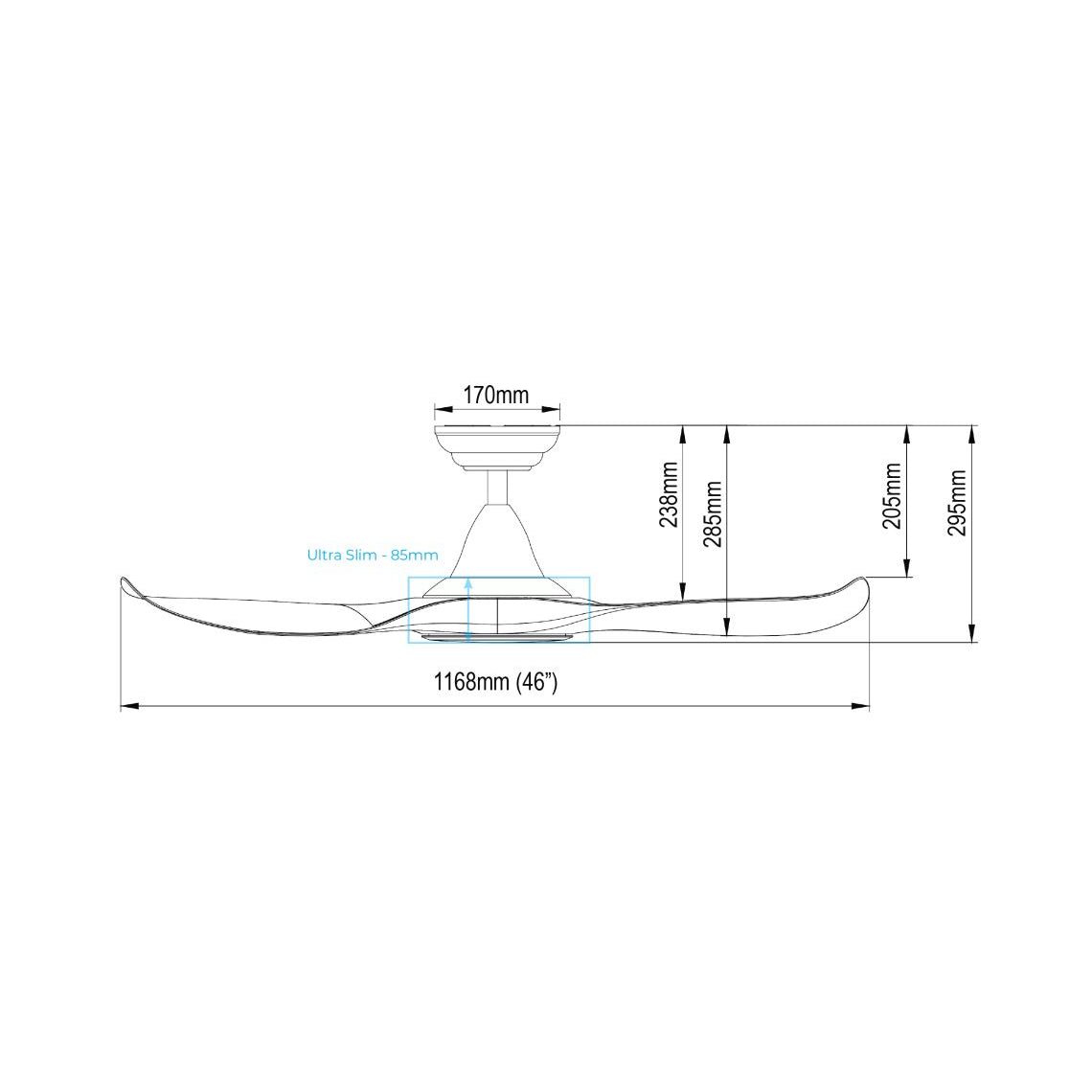 EFENZ Troy 463 46 inch ceiling fan, downrod version dimensions