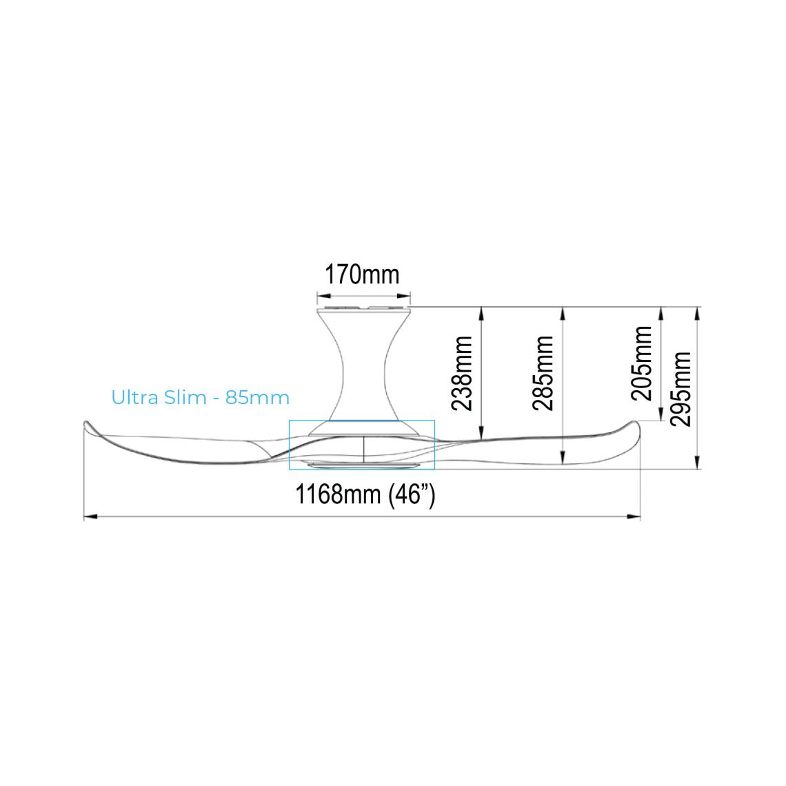 EFENZ Troy 463 46 inch ceiling fan, hugger version dimensions