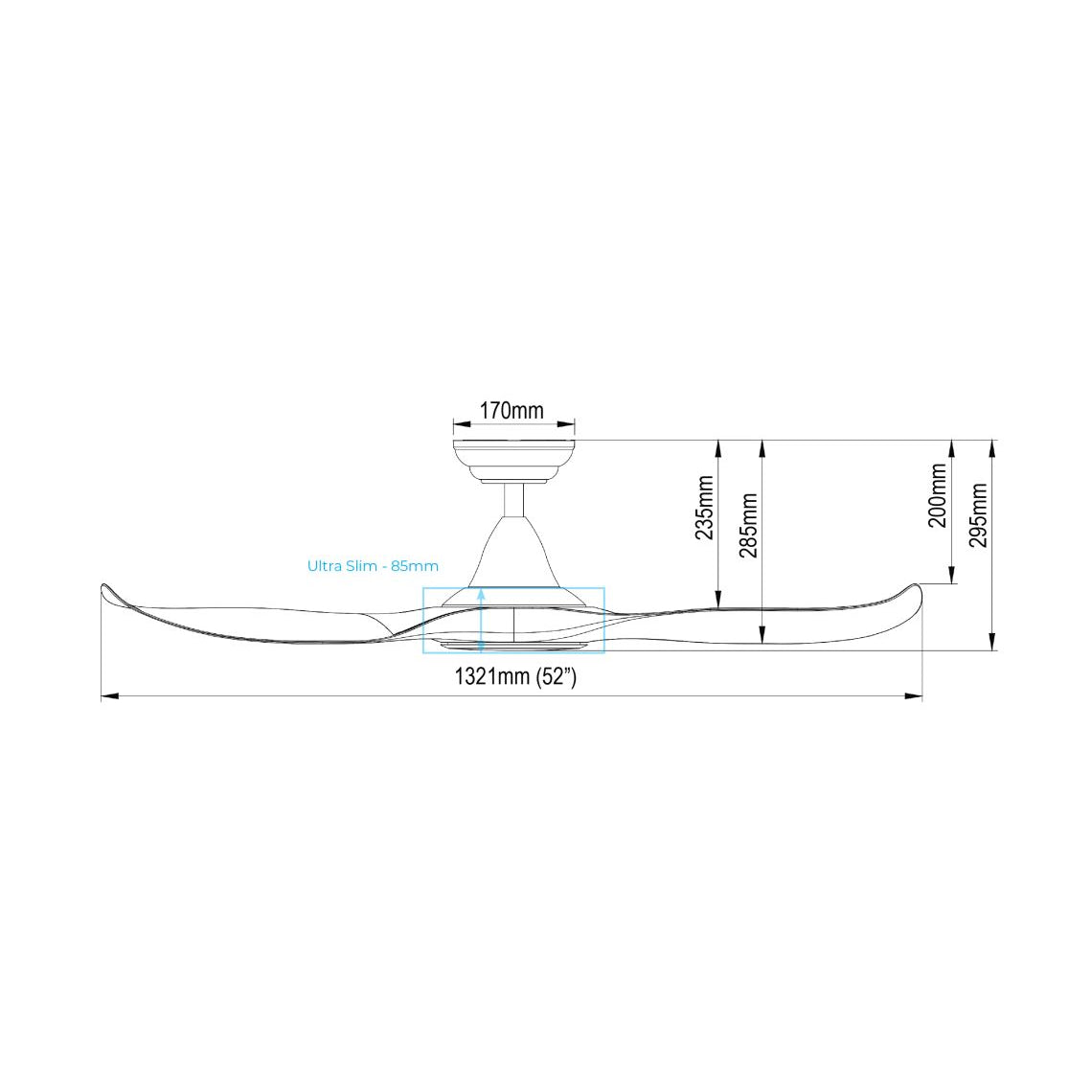 EFENZ Isaac 523 52 inch ceiling fan, downrod version dimensions