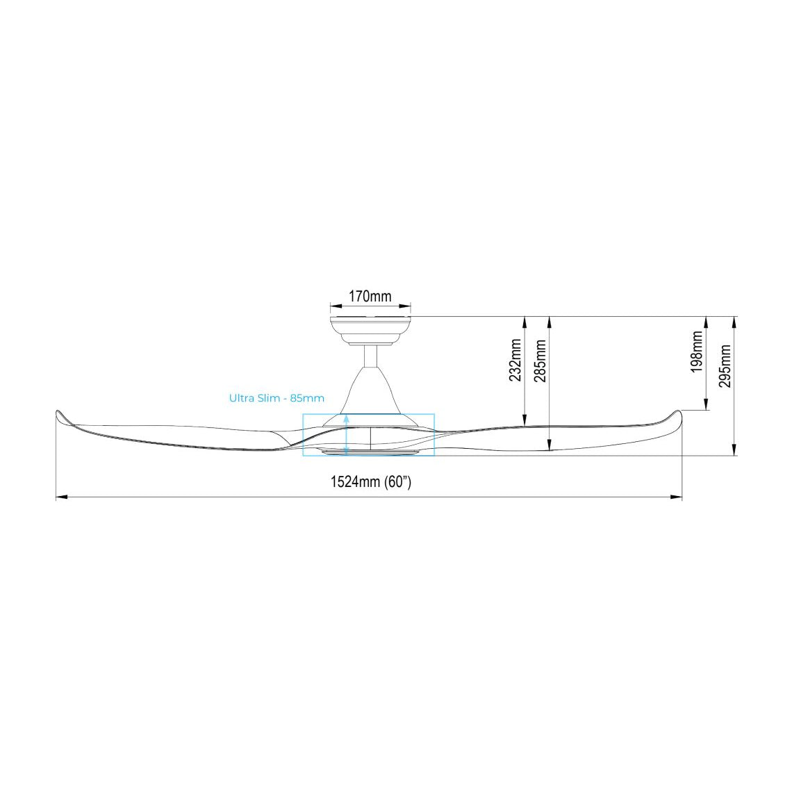 EFENZ Tiffany 603 60 inch ceiling fan, downrod version dimensions