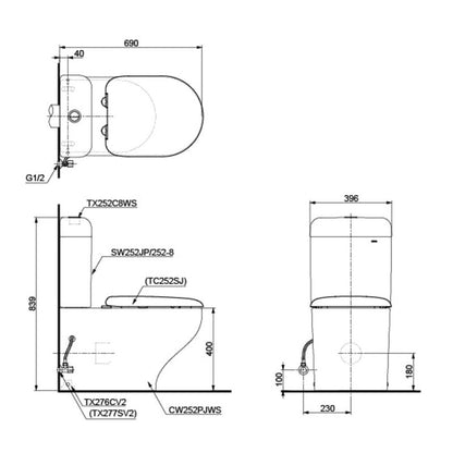 TOTO Hayon Close Coupled Toilet with Tank without Seat Cover CW252PJ/SW252JP