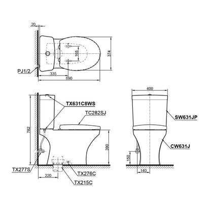 TOTO Two Piece Toilet Bowl (220mm) with Soft Closing Seat Cover CW631J/SW631JP