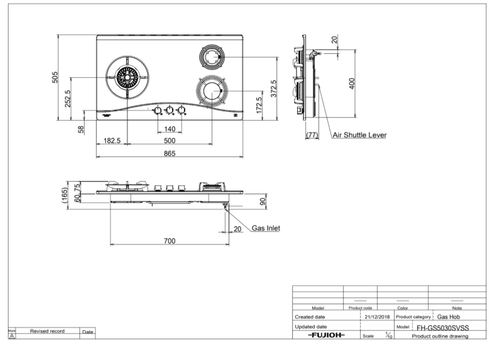 Fujioh FH-GS5030 3-burner gas hob dimensions