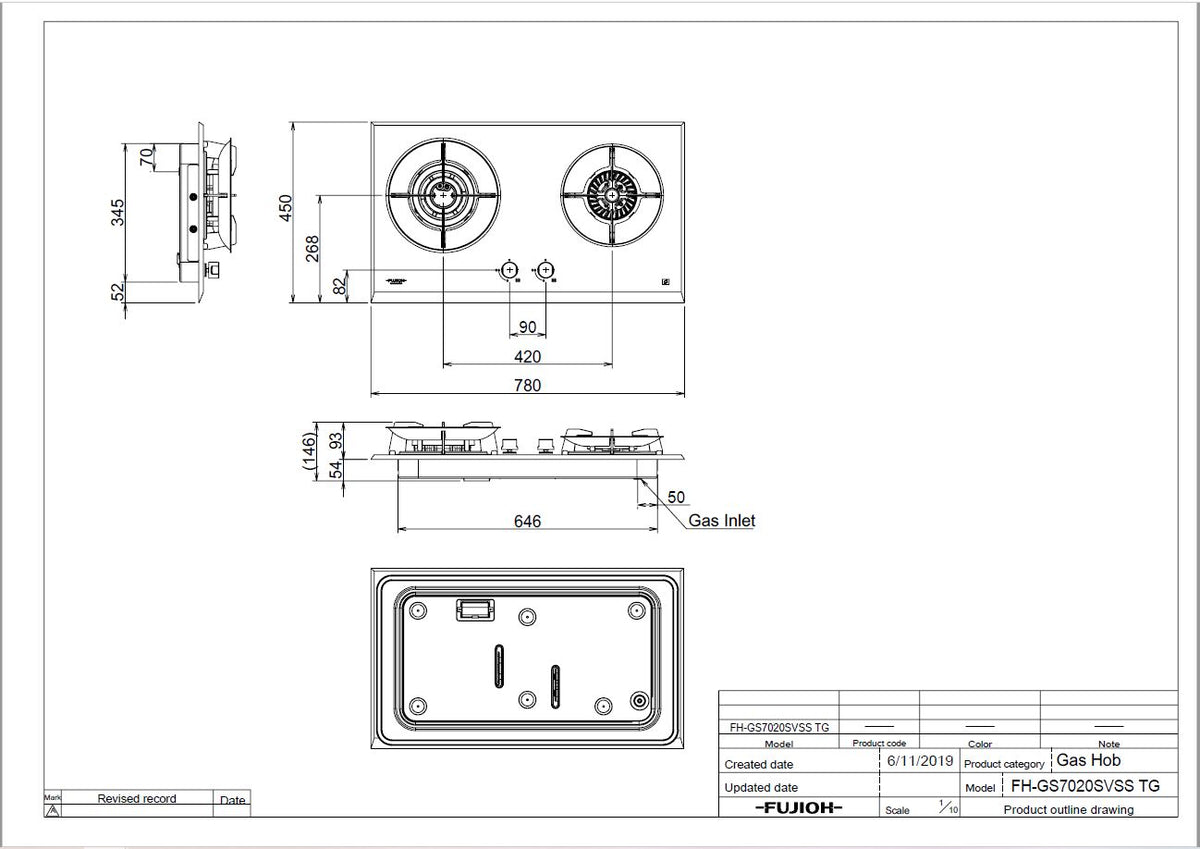 Fujioh FH-GS7020 2-burner gas hob dimensions