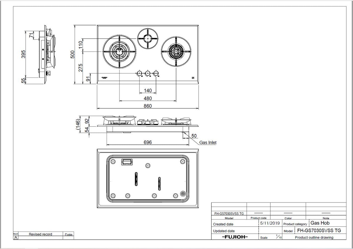 Fujioh FH-GS7030 3-burner gas hob dimensions