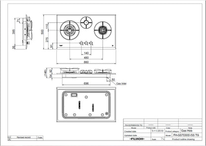 Fujioh FH-GS7030 3-burner gas hob dimensions