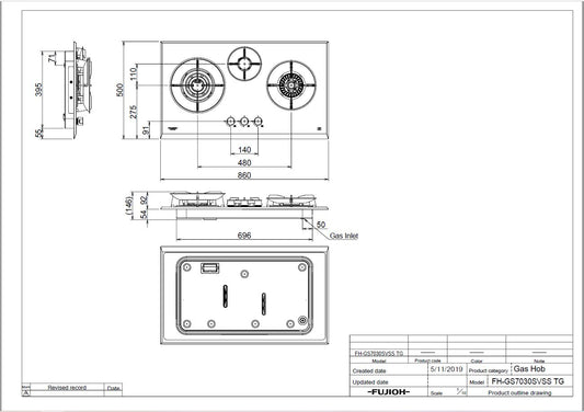 Fujioh FH-GS7030 3-burner gas hob dimensions