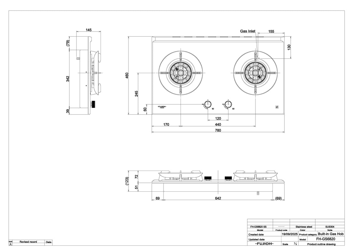 Fujioh FH-GS6820 2-burner gas hob dimensions
