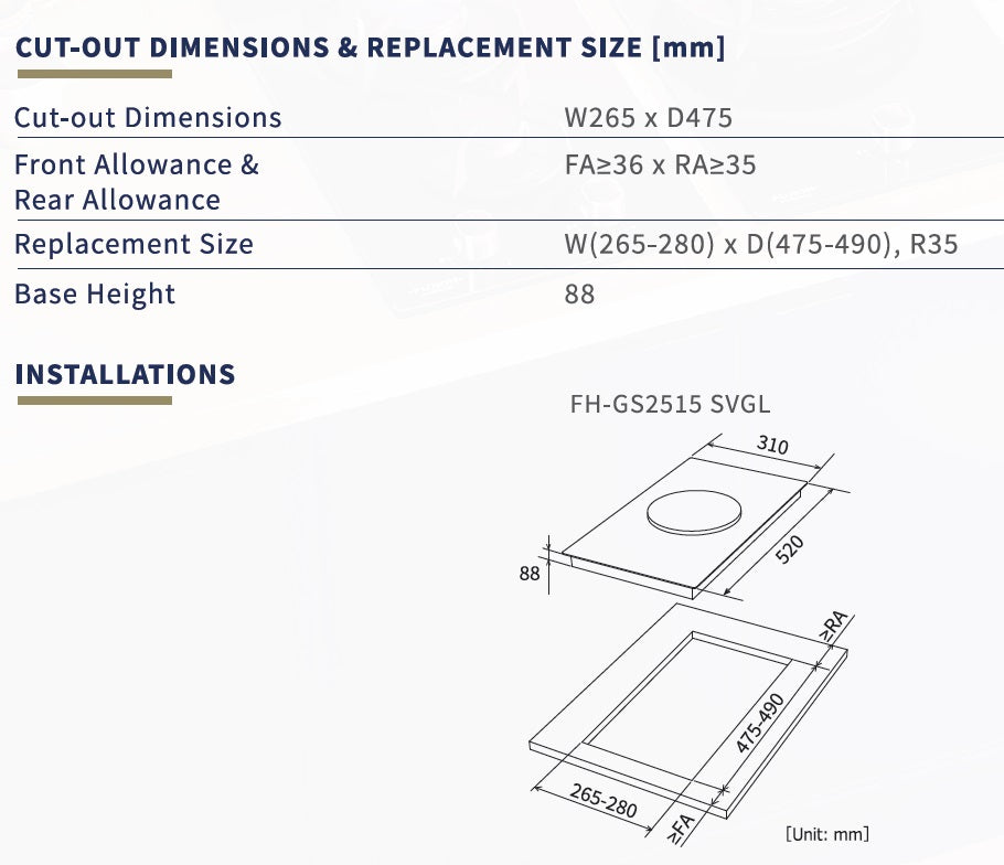 Fujioh FH-GS2515 1-burner domino gas hob dimensions