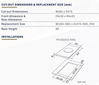 Fujioh FH-GS2515 1-burner domino gas hob dimensions