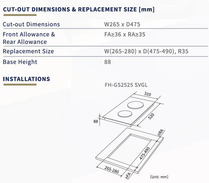 Fujioh FH-GS2525 2-burner domino gas hob dimensions