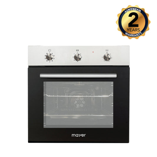 Mayer MMDO9 75L built-in oven in black, with a stainless steel top panel and knobs