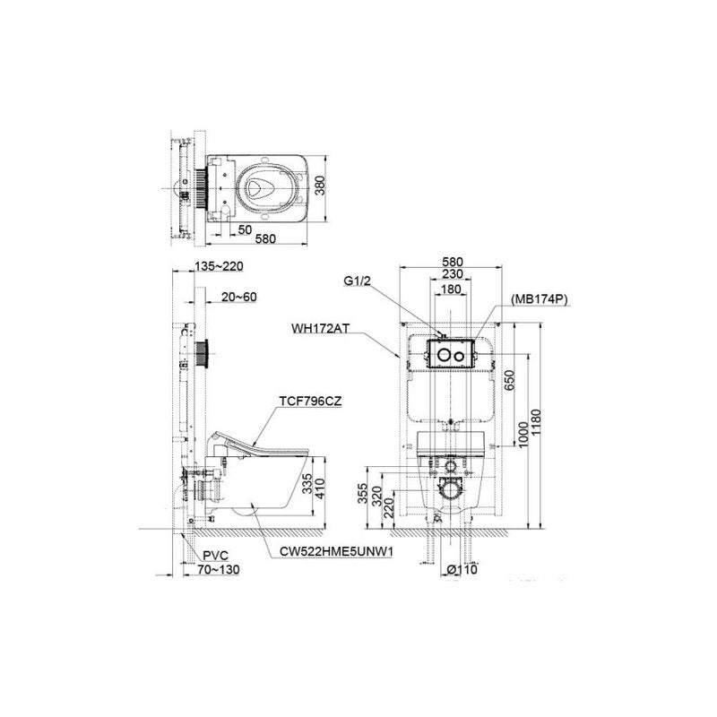 TOTO CW522HME5U with TCF796CZ dimension drawing