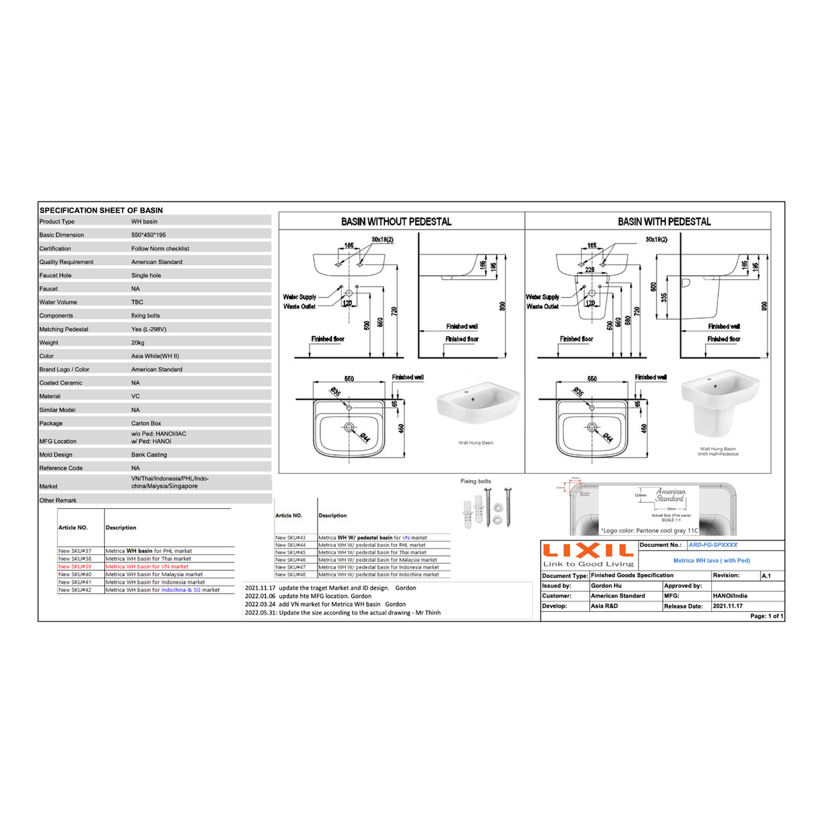 American Standard Loven Wall Hung Basin W550 CCAS0262-0010410F0 dimensions