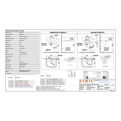 American Standard Loven Wall Hung Basin W550 CCAS0262-0010410F0 dimensions