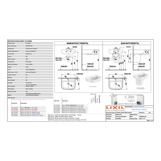 American Standard Loven Wall Hung Basin W550 CCAS0262-0010410F0 dimensions