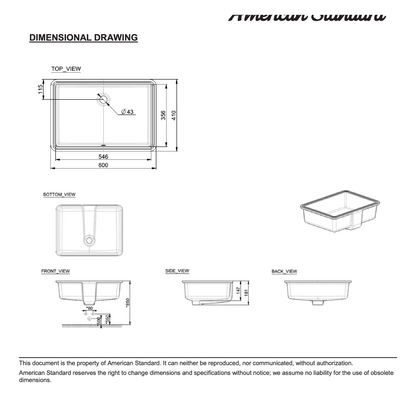 American Standard Flexio Thin Touch Square 600mm Under Counter Wash Basin CCASF513-1000410F0 dimensions