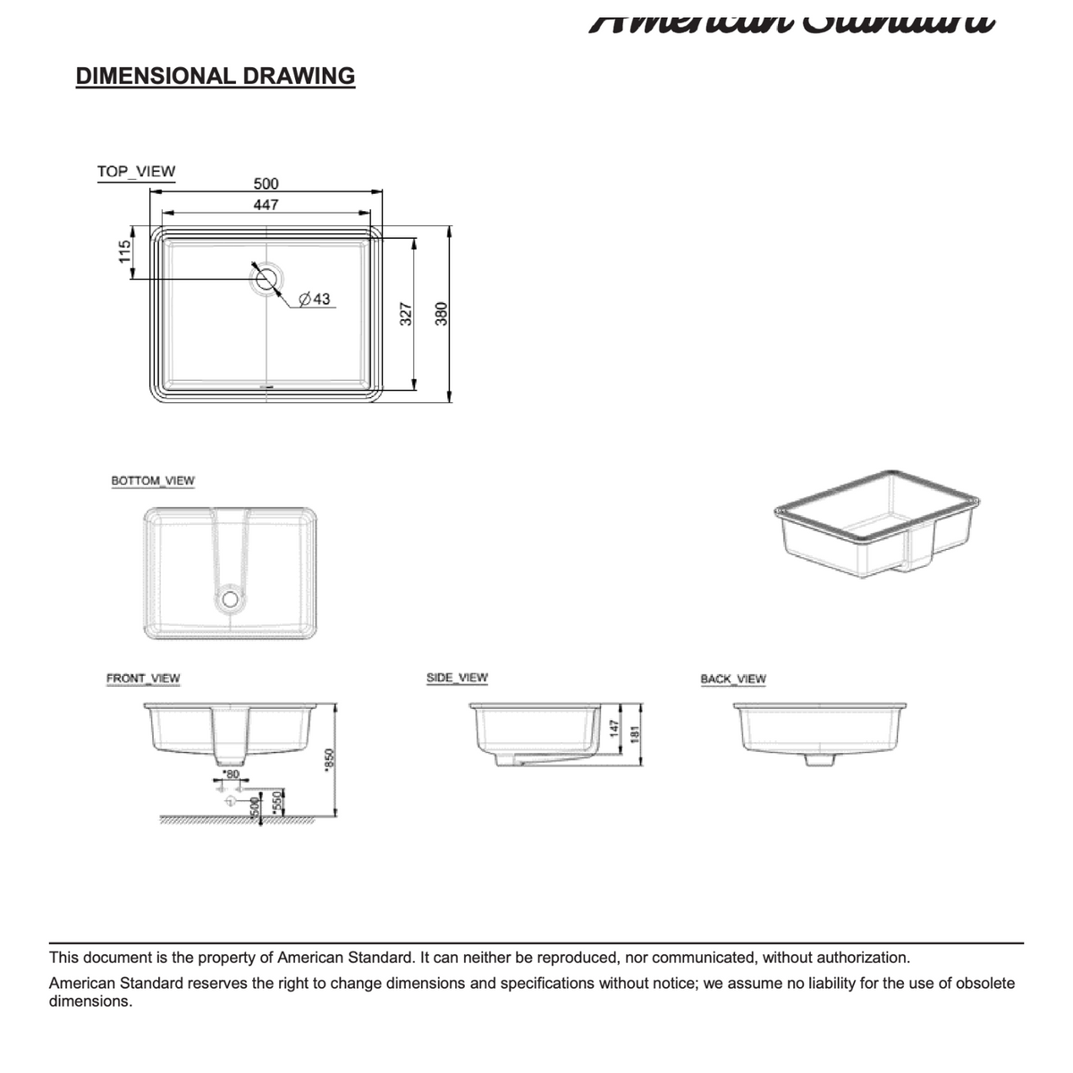 American Standard Flexio Thin Touch Square 500mm Under Counter Wash Basin CCASF514-1000410F0 dimensions