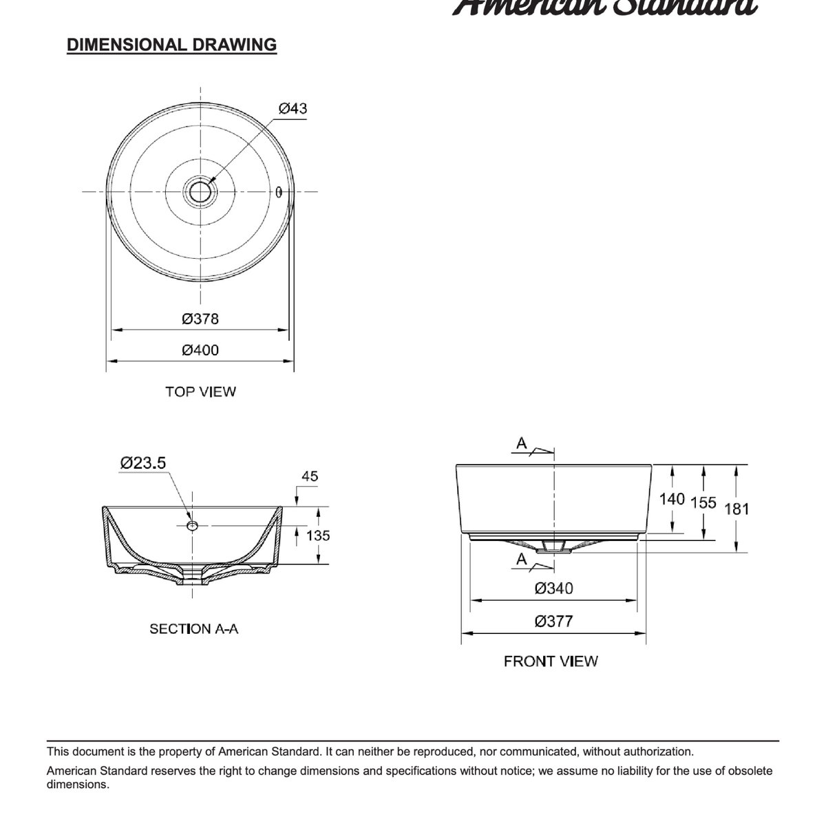 American Standard Acacia Evolution Round Vessel Wash Basin CL0509I-6DACTLA dimensions