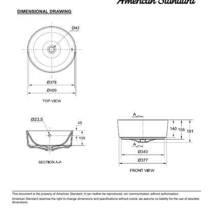 American Standard Acacia Evolution Round Vessel Wash Basin CL0509I-6DACTLA dimensions