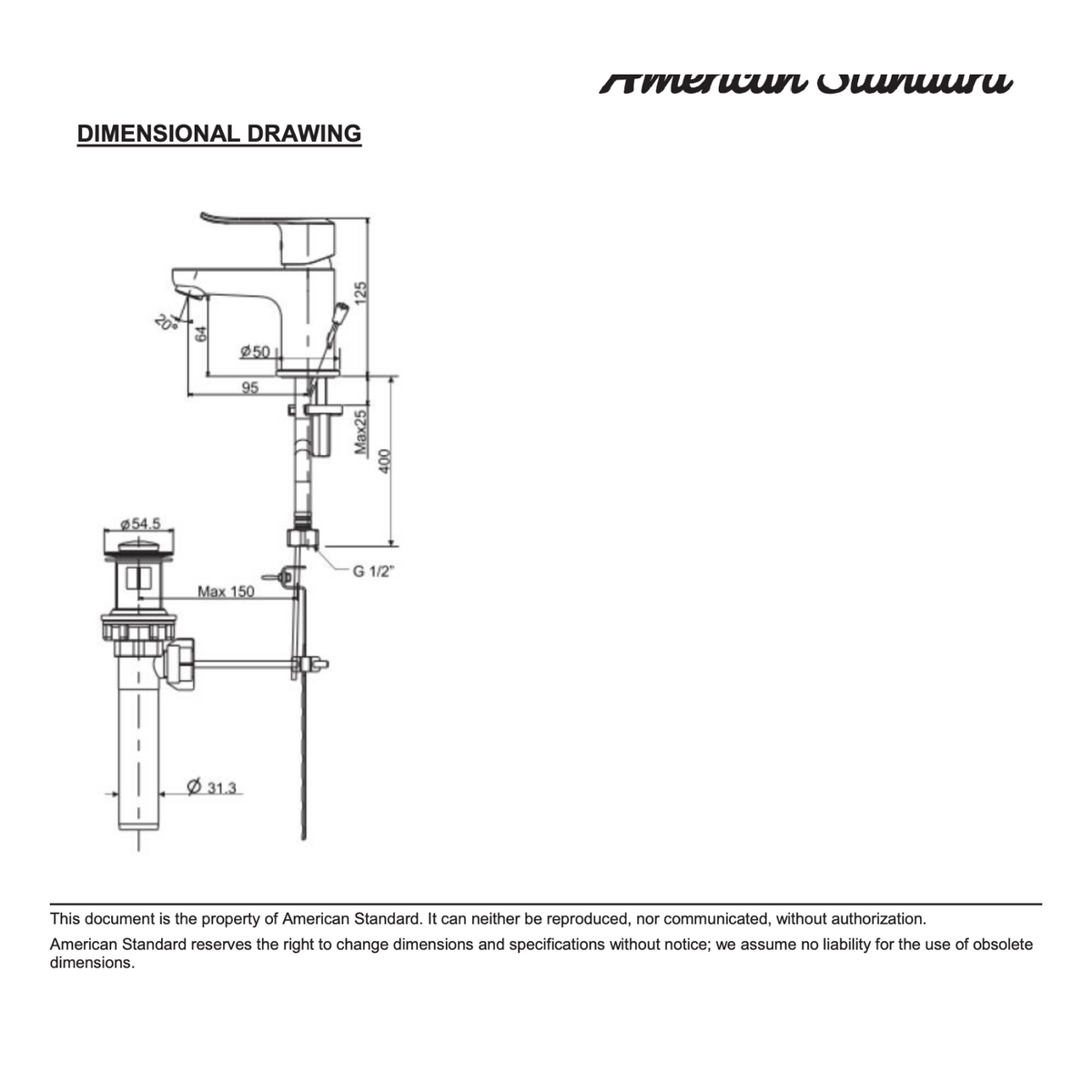 American Standard Neo Modern Basin Mixer with Pop-up Drain FFAS0701-101500BF0 dimensions