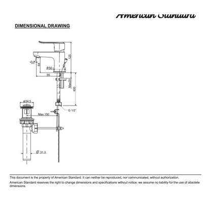 American Standard Neo Modern Basin Mixer with Pop-up Drain FFAS0701-101500BF0 dimensions