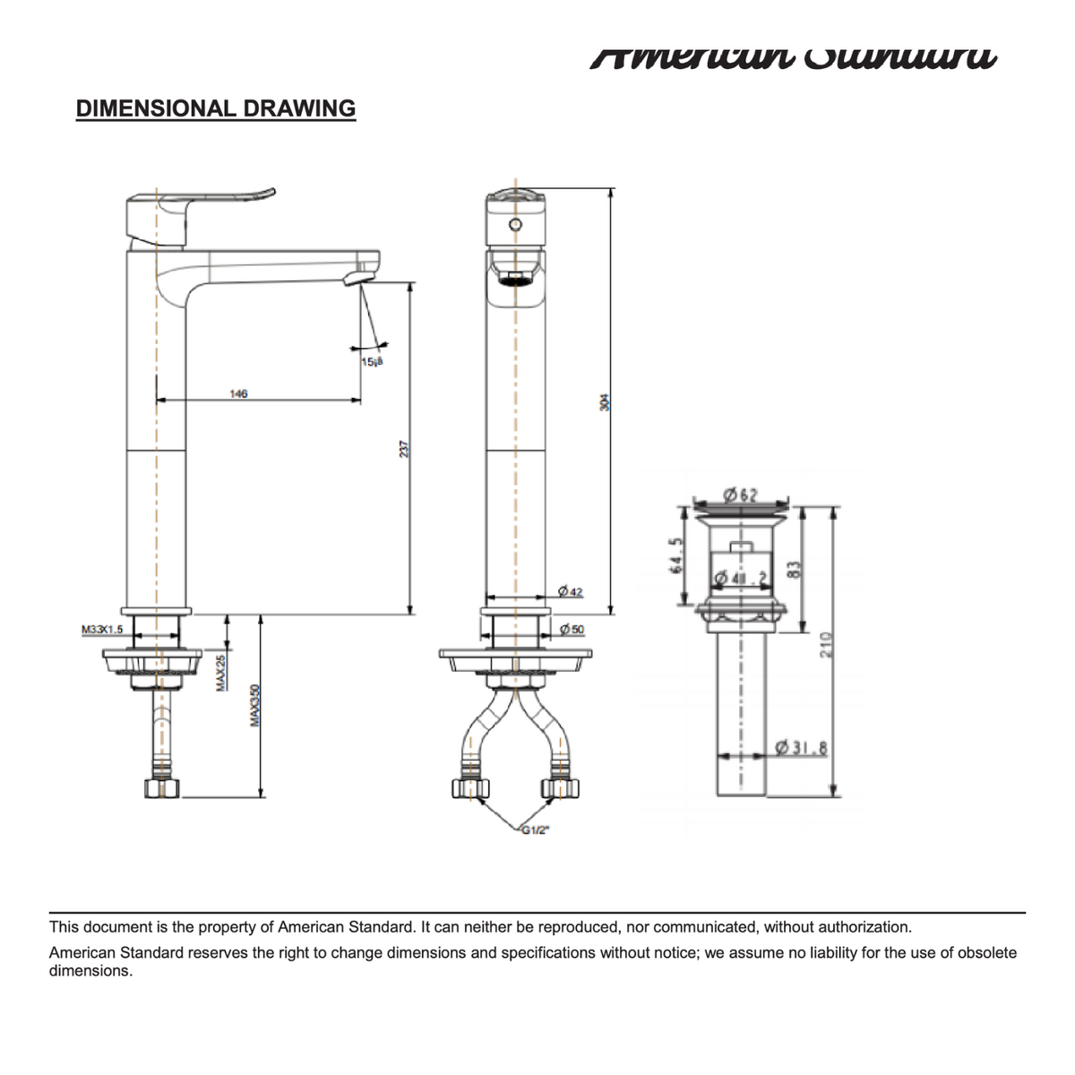 American Standard Neo Modern Extended Basin Mixer with Pop-up Drain FFAS0703-101500BF0 dimensions