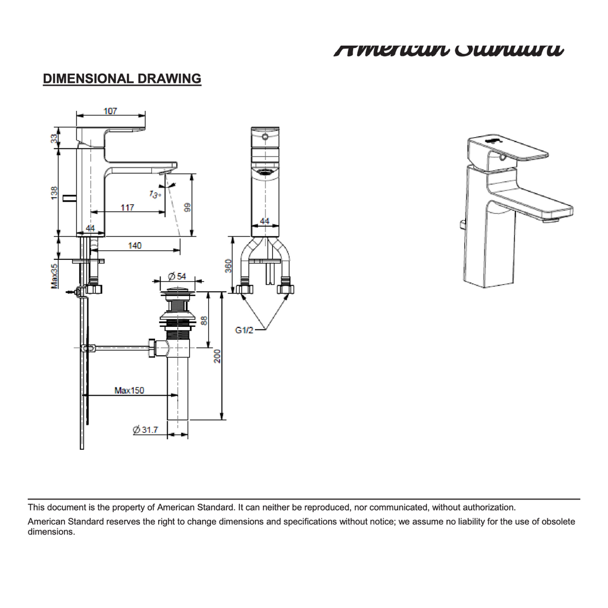 American Standard Acacia Evolution Basin Mixer with Pop-up Drain FFAS1301-101500BF0 dimensions