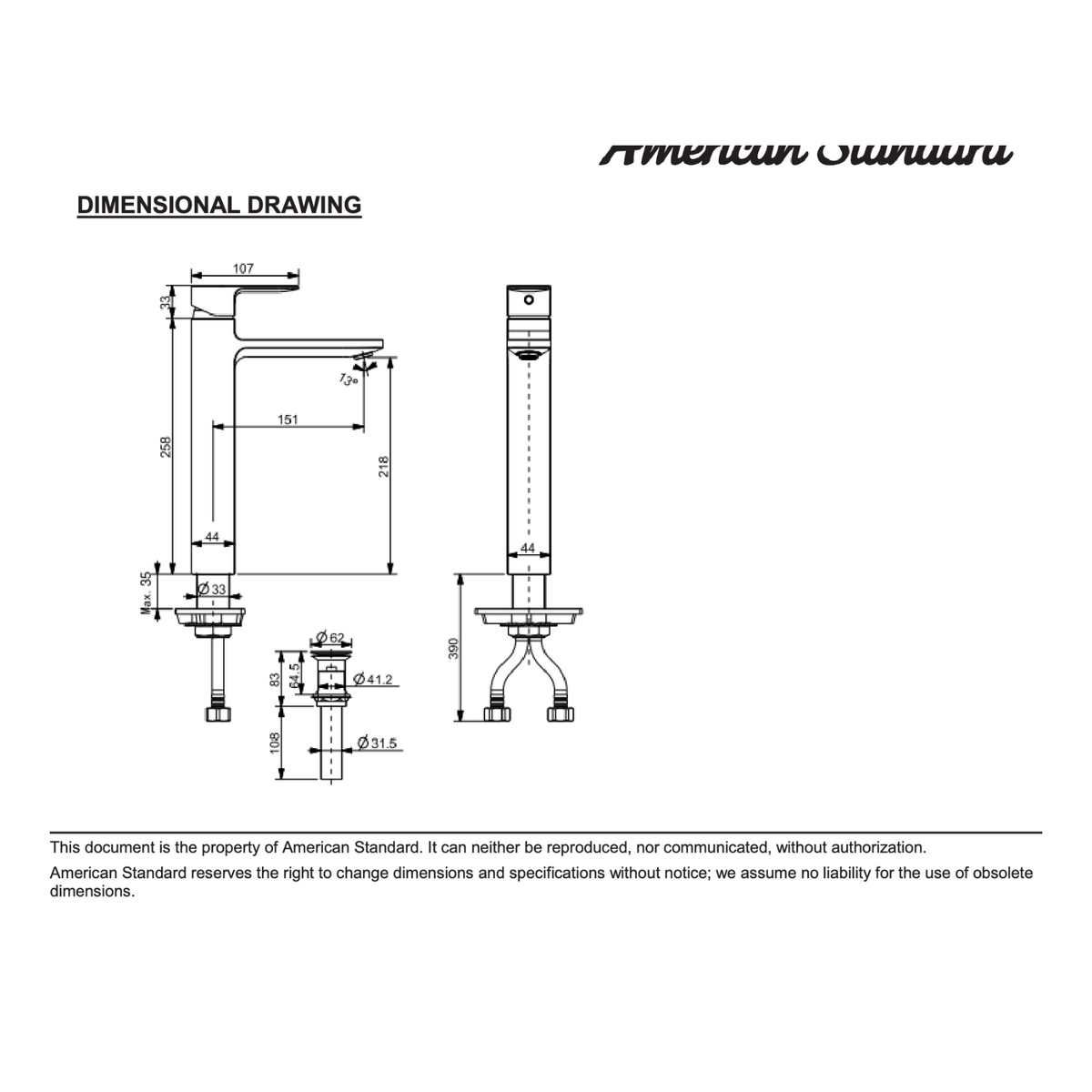 American Standard Acacia Evolution Extended Basin Mixer with Pop-up Drain FFAS1302-101500BF0 dimensions