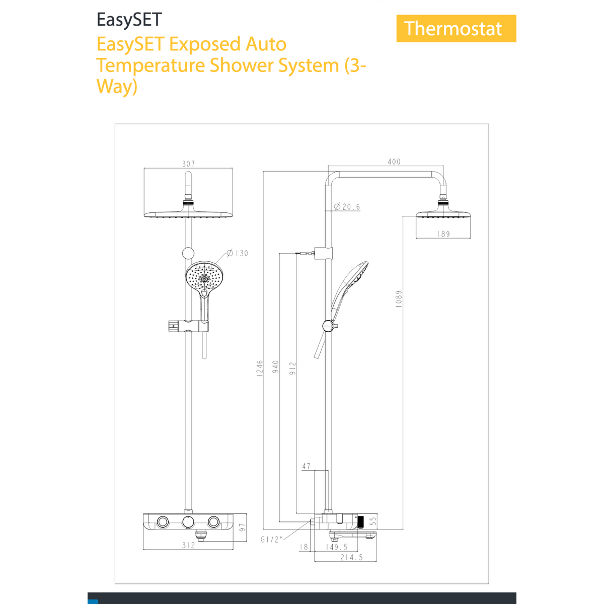 American Standard EasySET Exposed 3-Way Rainshower System FFAS4956-601500BC0 dimensions