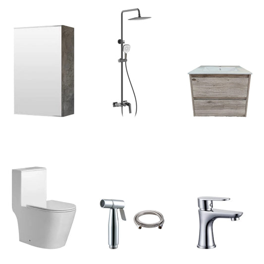 E+NT and ent bathroom package with mirror cabinet, rainshower set, basin cabinet, toilet, bidet spray and basin tap