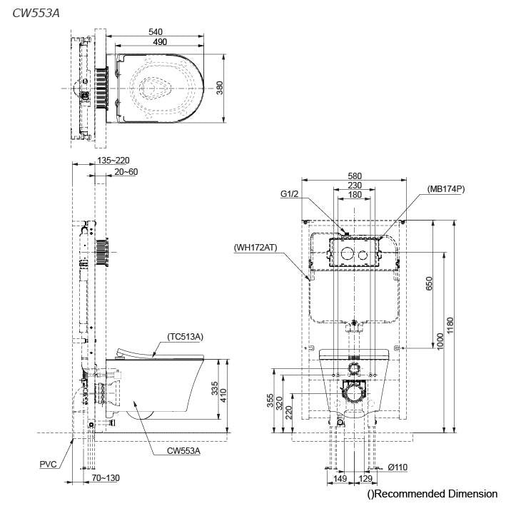 TOTO Tornado Flush D-Shape Wall Hung Toilet CW553