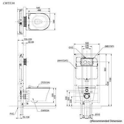 TOTO Tornado Flush D-Shape Wall Hung Toilet CW553