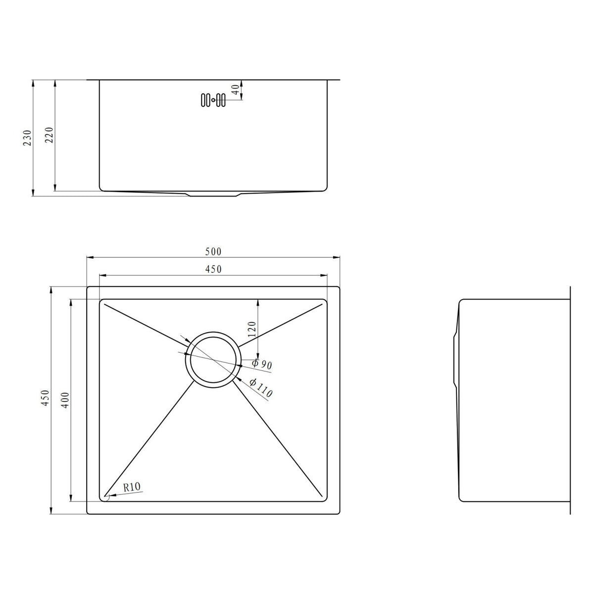 E+NT Embossed Nano Undermount Single Bowl Sink 5045 dimensions
