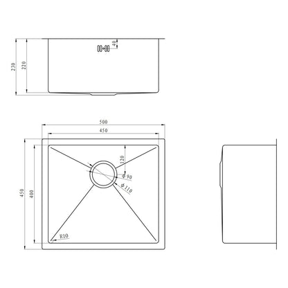 E+NT Embossed Nano Undermount Single Bowl Sink 5045 dimensions