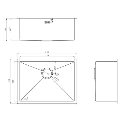 E+NT Embossed Nano Undermount Single Bowl Sink 6045 dimensions