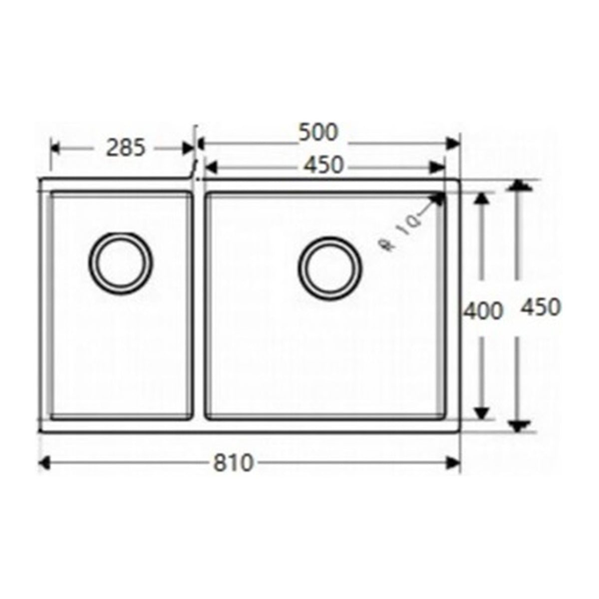 E+NT Undermount Double Bowl Sink 8145 dimensions
