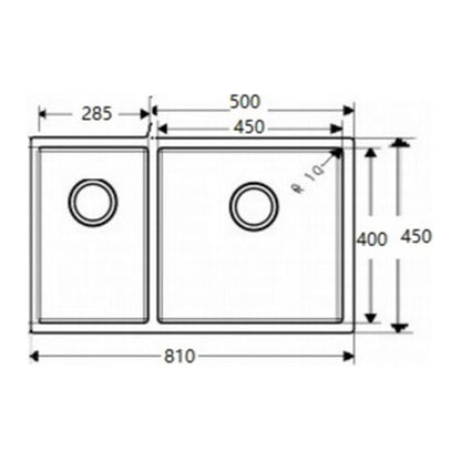 E+NT Undermount Double Bowl Sink 8145 dimensions
