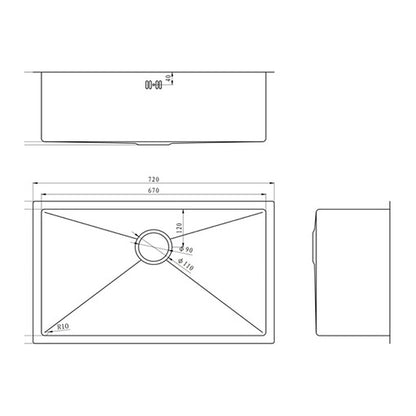 E+NT Undermount Single Bowl Sink 7245 dimensions