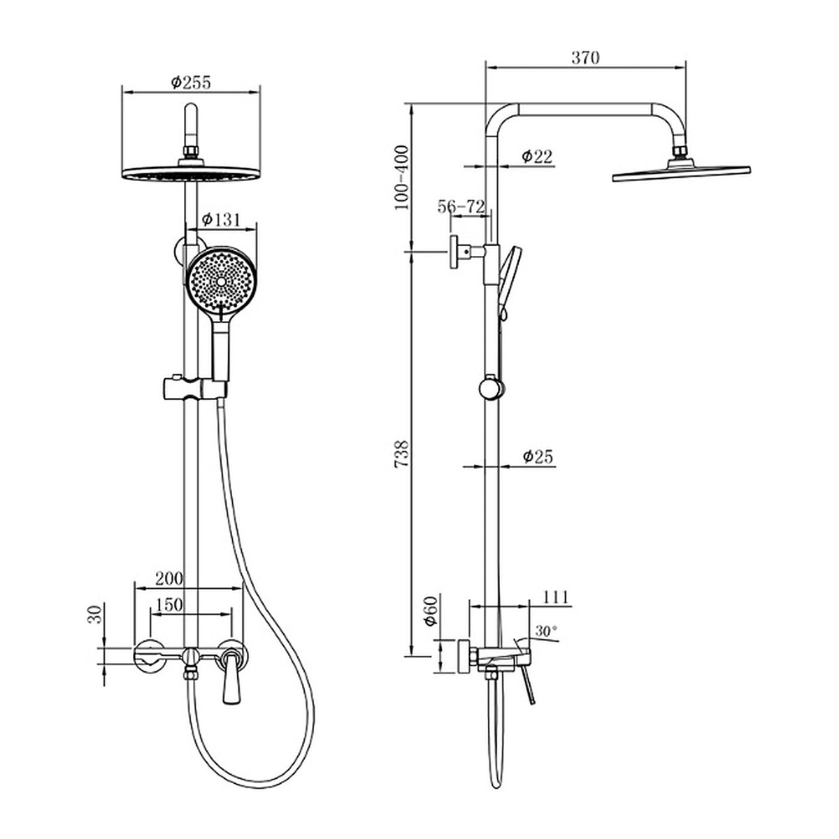 ent Royal 3-Way Rainshower Set 70560 dimensions