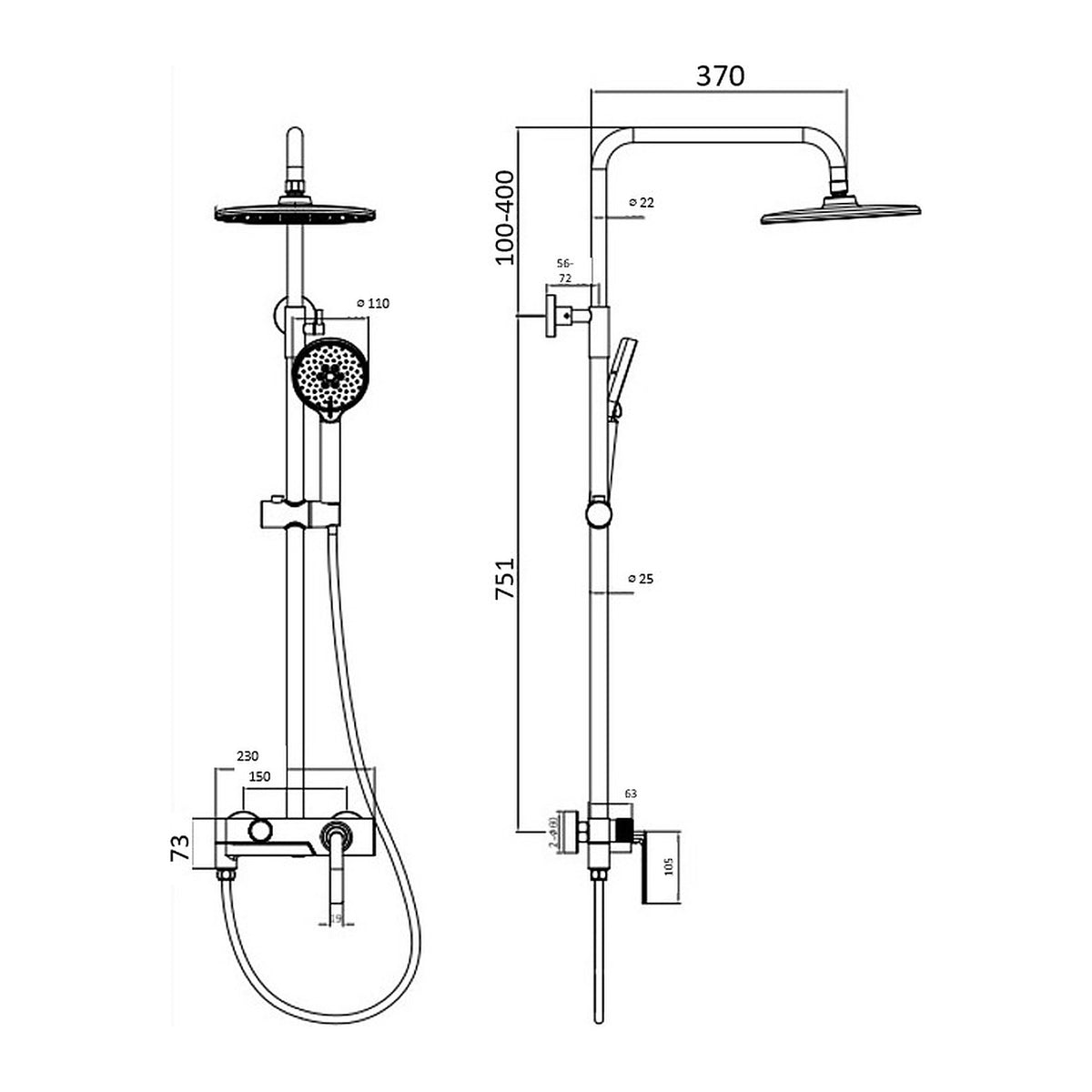 ent Royal 3-Way Rainshower Set 78060, Brushed Nickel dimensions