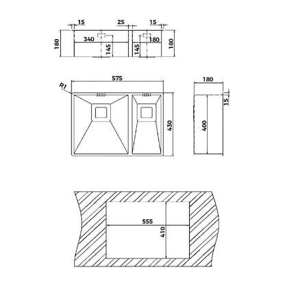 Teka Square 340.400 / 180.400 Undermount Double Bowl Stainless Steel Sink