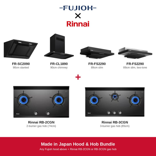Fujioh x Rinnai Japan Brands bundle: Fujioh hood with Rinnai RB-2CGN or RB-3CGN gas hob