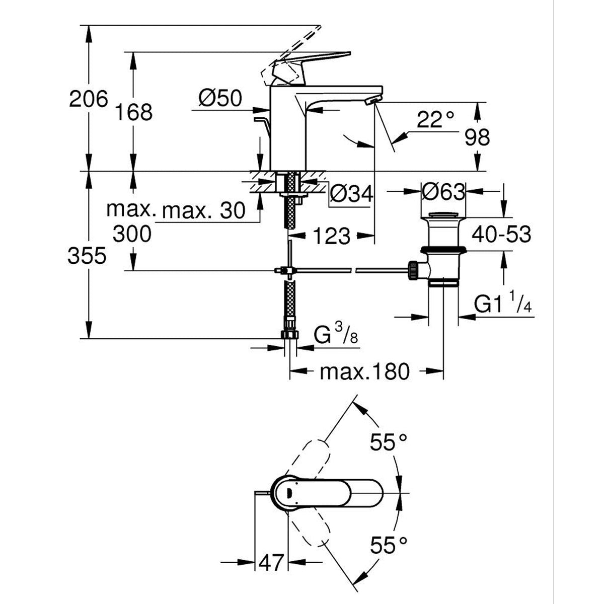 GROHE Eurosmart Cosmopolitan Single Lever Basin Mixer M-Size 23325000 dimensions