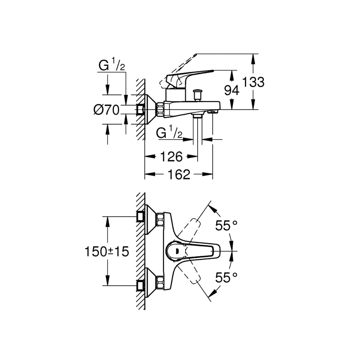 GROHE BauFlow Single Lever Bath and Shower Mixer 23601000 dimensions