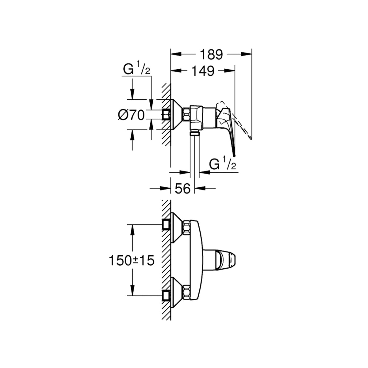 GROHE BauFlow Single Lever Shower Mixer 23632000 dimensions